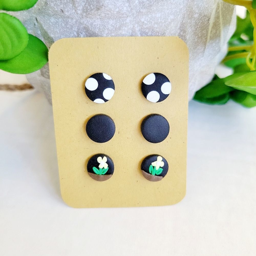 Polka dot, solid black and small flower pot clay earrings multipack